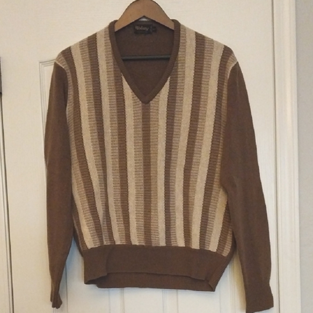 Vintage Wolsey Brown Striped V-Neck Sweater Mens Size L